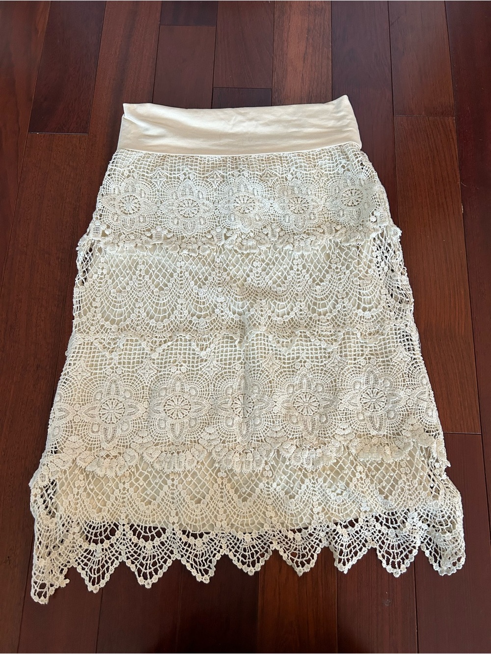 NWT Cream Crochet Lace Tiered Pencil Skirt Bohemian Coquette Feminine Romantic